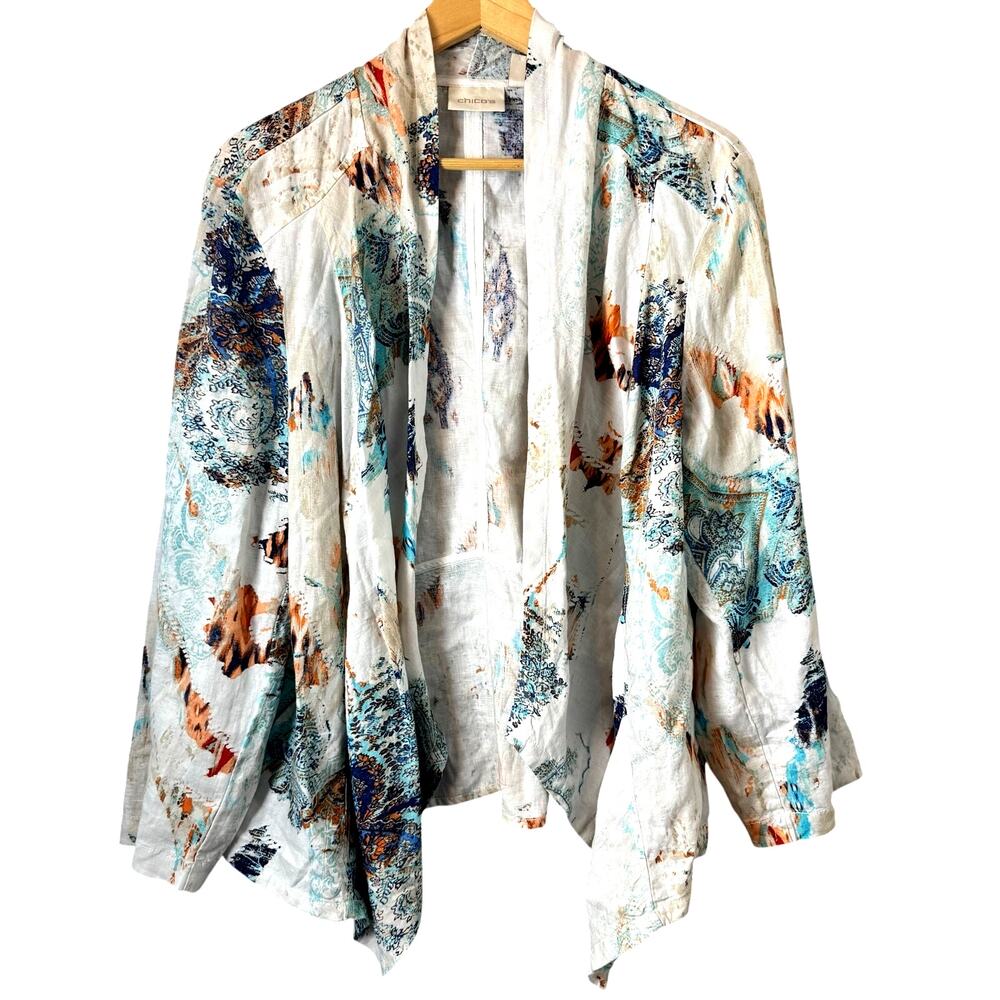 Chico's Kimono Linen Women's XL Abstract Print Lagenlook Artsy Lightweight Boho